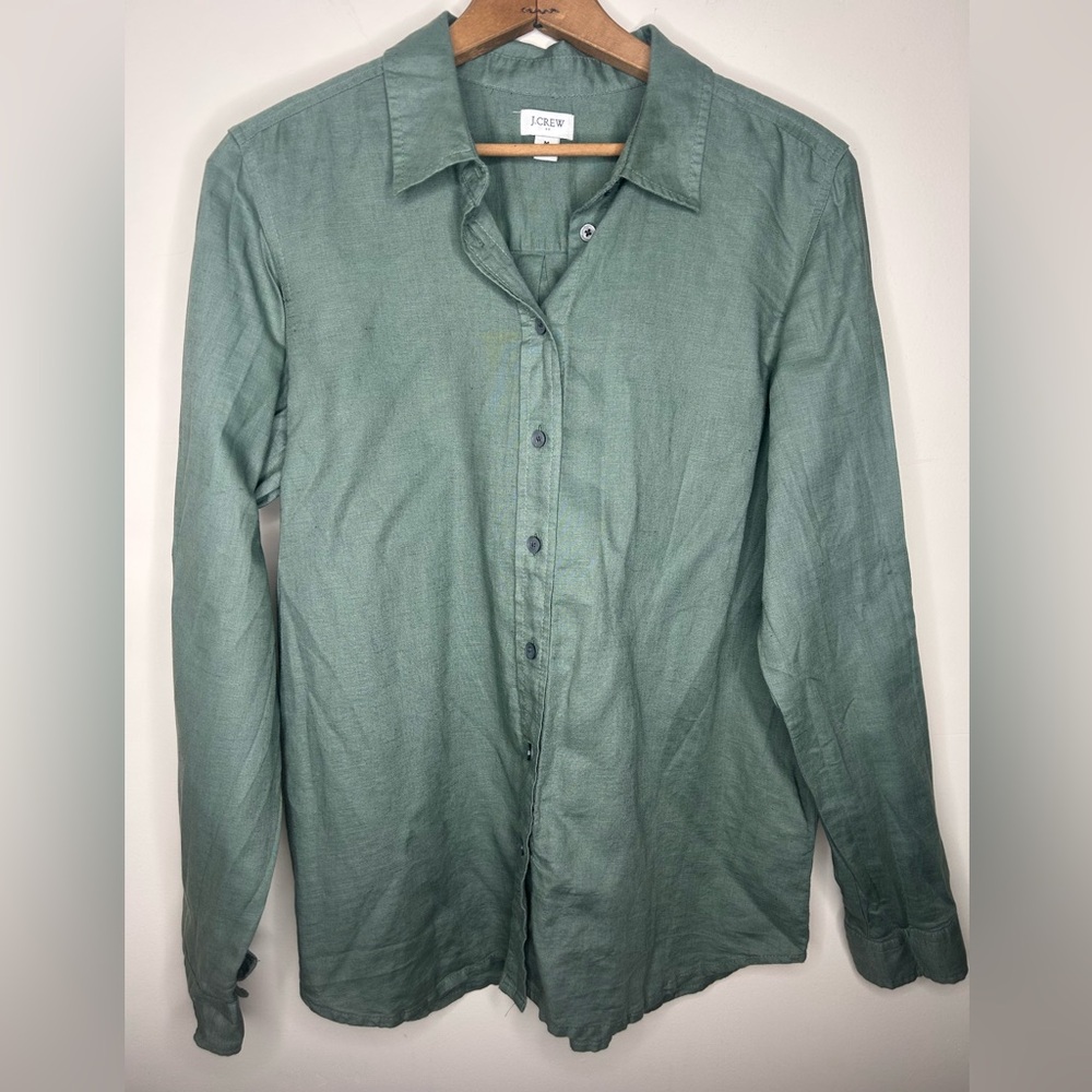 J Crew Factory Linen Blend Button Down Shirt Green Preppy Women’s M